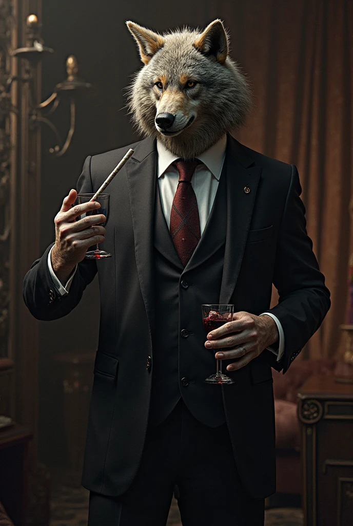 (photorealism:1.2), fondo elegant castillo, werewolf in clothes, heineken , elegant 