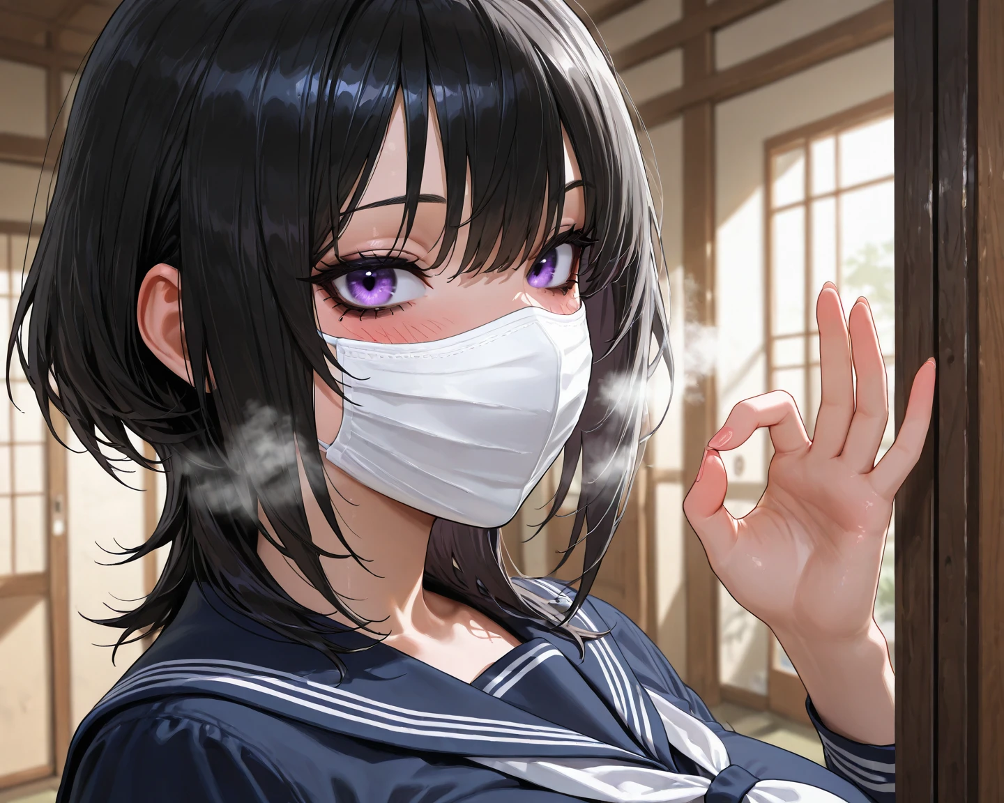 18 year old female, big double eyes, black ponytail, wears a mask, blue rubber gloves, school uniform, facial expression: looks excited, sticky with semen