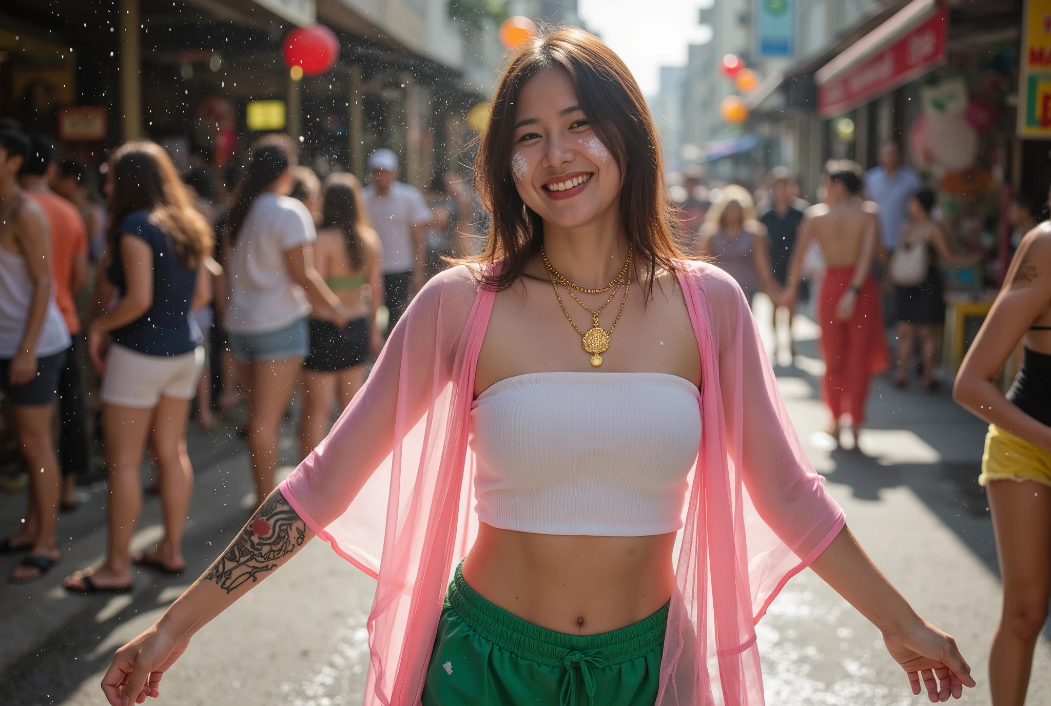 ((best quality)), ((masterpiece)), ((hand detailed)), ((detailed)),a very beautiful twenty-years old Javanese naked girl, sweaty, totally naked, thick hairy armpits, bodybuilder, hairy pussy, wearing sunglasses, raising her hands high, on a summer day, at a traditional market