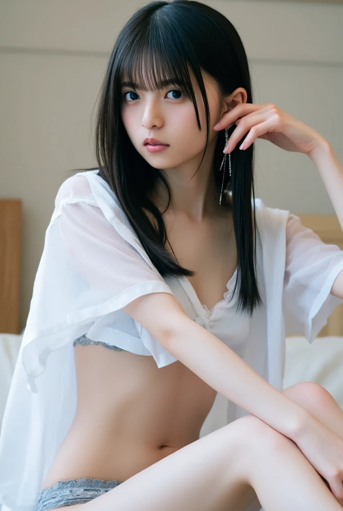 masterpiece、Underwear with extremely small area、16 year old high school girl、(ponytail)、(((quite small head:1.4)))、Open your legs and show your crotch、get down on one knee、on the bed、(black hair)、(Live shooting:1.2)、(photorealistic:1.4)、A sluggish smile、cute、embarrassing、show the whole body、back view、look back、lace white underwear、(((The wet genitals are clearly visible)))、(((It&#39;s wet and my nipples are visible)))、textured skin、anatomically correct、SFW、highly detailed eyes and face、pretty fingers、(Enhances the beauty of skin texture:1.1)、High resolution、8K wallpaper、movie lighting