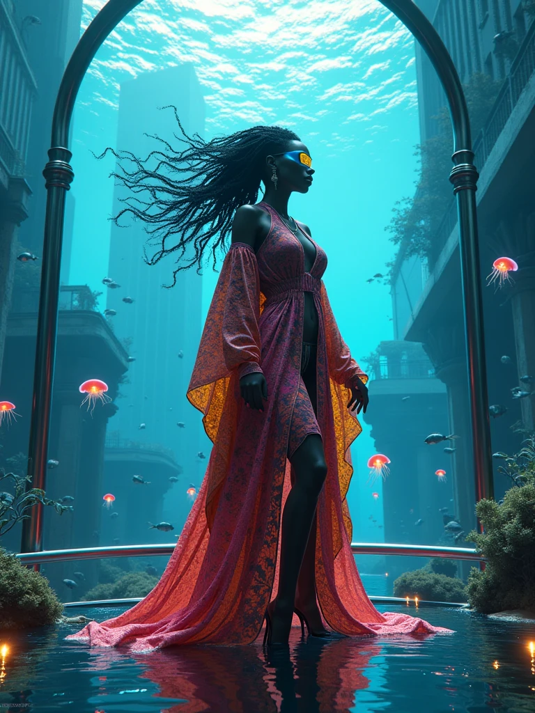 Highly detailed, ultra-HD underwater scene showing a regal Black woman in flowing neon Ankara robes adapted for aquatic movement, standing at the edge of a glass dome walkway in an underwater cyberpunk city. Schools of glowing fish and cyber-jellyfish swim by as towering futuristic buildings rise around her. Her hair floats in gravity-free strands and her glowing visor shows data streaming. Glitching occurs in patches of the dome’s glass—showing shifting scenes from the surface world in black and white.