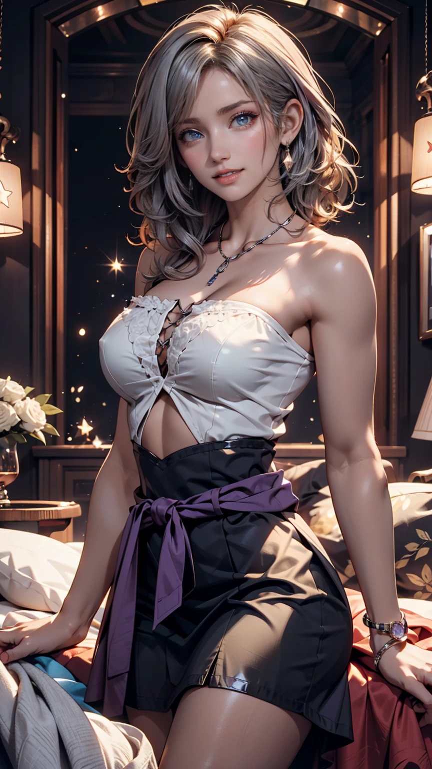detailed background, masterpiece, top quality, 1 person , curly hair, long hair, purple eyes, Stars in my eyes , Strapless blouse, long skirt、Big Breasts、constricted waist、 slim、slender、 Silver Hair、smile