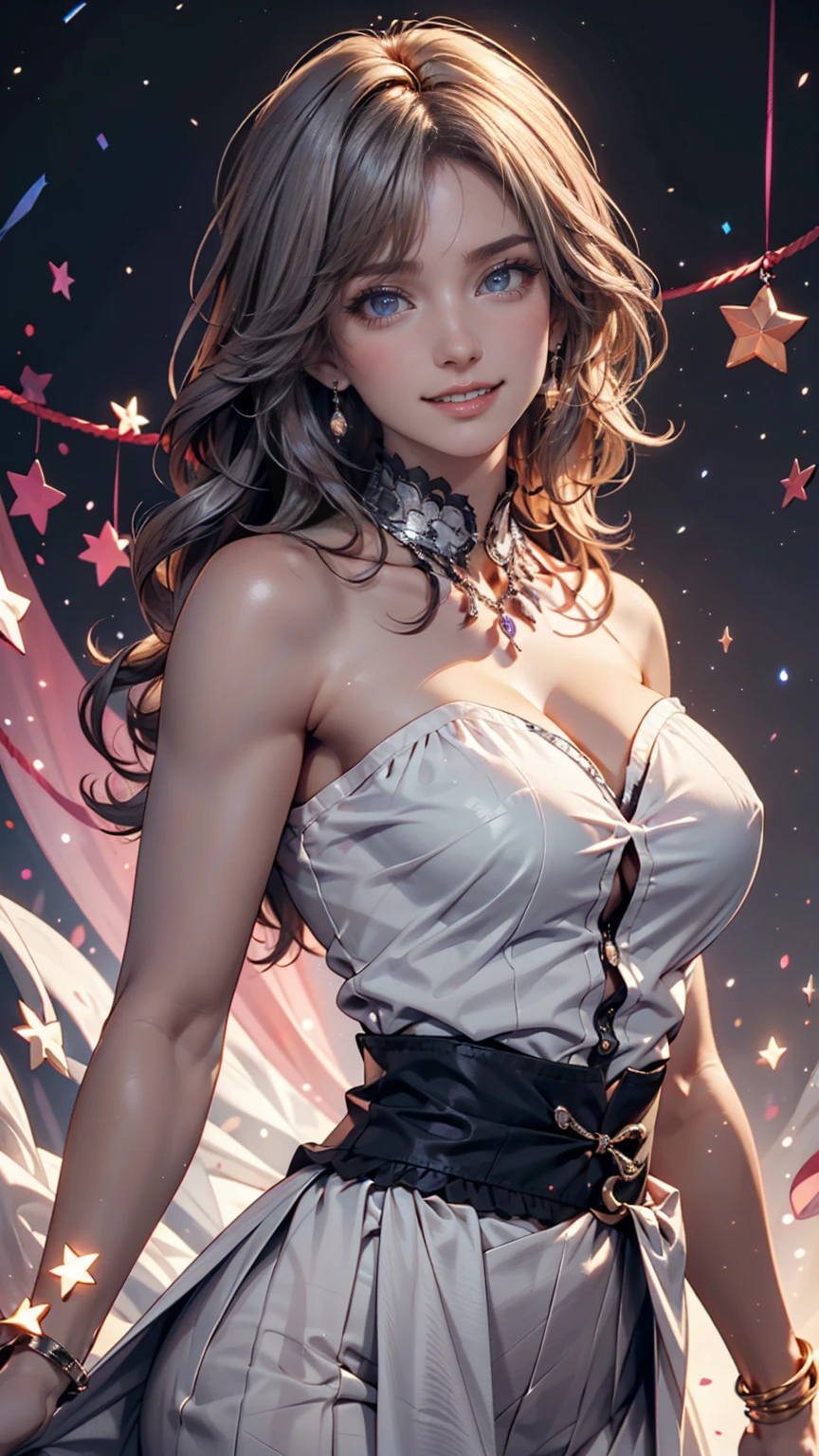 Attention to detail, Super Detail, Ultra-high resolution, A girl having a good time in a dream galaxy, Surrounded by stars, The warm light that shines on her, The background is a starry sky with colorful galaxies and galactic clouds, The stars fly around her, Delicate face, Add a playful touch , --v6、24-year-old female、Sexy proportions、Narrow waist、Erotic female body、Black Hair、Inner color of silver hair((colored inner hair))、Silver accessories on the wrist、Realistic shaped breasts（Hanging down due to gravity)Nipple swelling emphasis、smile