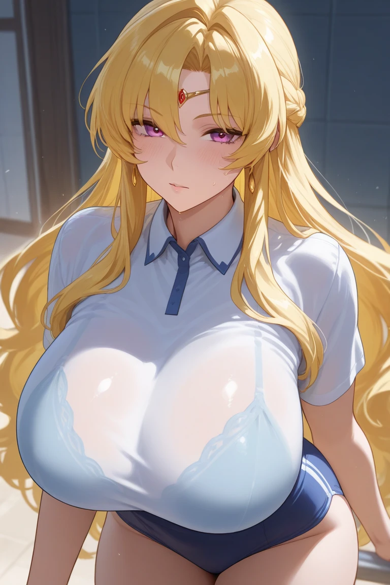 Big tits, nude, nipples, pussy, (masterpiece, best quality:1.2),illustration,8k,hd,1girl, upperbody body, (portrait:1.2),seductive smile,long_hair,blue_eyes,blonde_hair,breasts,single_side_bun, smile, standing pose, spread legs