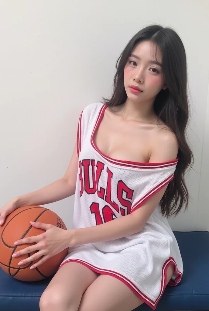 (View your viewers:1.3), (masterpiece:1.3)、Very fine finish、(High resolution、8k:1.3)、(Highest quality)、(写真のようなUltra-realistic:1.3)、Correct limbs、Anatomically correct, 超High resolutionの顔、The face is in focus、Ultra high definition and beautiful eyes、Concentrated eyes、Eyes are symmetrical:1.3、High quality and beautiful skin、Firm Skin、Ultra HD Hair Texture、Medium Bob Hair、(One Girl), Very cute face, Great face and eyes, (Highly detailed eyes, Highly detailed face), Fresh, Very beautiful appearance, (Ultra-realistic, High resolution), (Highest quality:1.4), RAW Photos, (Realistic, Realistic:1.37), Professional photography , (A pale pink basketball uniform that becomes transparent when wet ) , (Expose your shoulders), (Laugh a little), (look at me), Bedroom, Portrait of a Girl , Expose your shoulders , 15 years old , (Erect nipples) , (Her basketball uniform clung to her body tightly.、Transparent pink nipples:1.2) , (My chest is sweaty:1.2) , (Sheer skin:1.2)、Chicago Bulls Uniforms、
