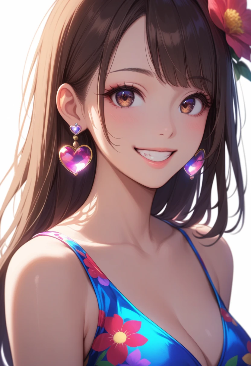 1girl, b, smile, jewelry, earrings, solo, heart, heart_print, looking_at_viewer, asian, white_background, brown_eyes, k-pop, brown_hair, long_hair, grin, simple_background, microdress, disco dress, flower dress, bare shoulders, floral print, cute face, 