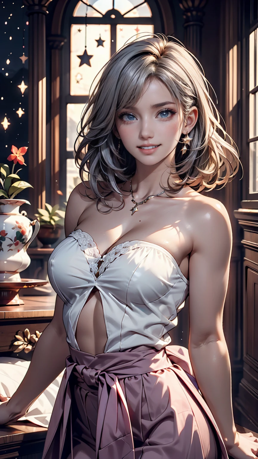 24 year old Caucasian female、Silver Hair、long hair、Hair becomes wavy、Outstanding proportions、Wear a sheer romper decorated with lace、Breasts are visible through the skin、I can see my belly button、Wear low rise leggings、Wear stiletto heels、Cowboy Shot、sexy pose、Skyscraper background