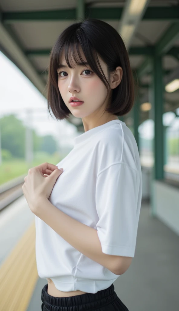 one girl, (a beauty girl, delicate girl:1.3), (16 years old, gal:1.3),
break, (Torn and damaged white t-shirt,nsfw,bare breast,nipple,lift shirt,small areola),
break, very fine resolution, (symmetrical eyes:1.3),
break, (Street view:1.2),
break, small breasts, brown eyes, parted bangs, brown hair,  girl,
break, (Eye and face details:1.0),
break, (masterpiece, highest quality, super detailed, detailed face, 8K)