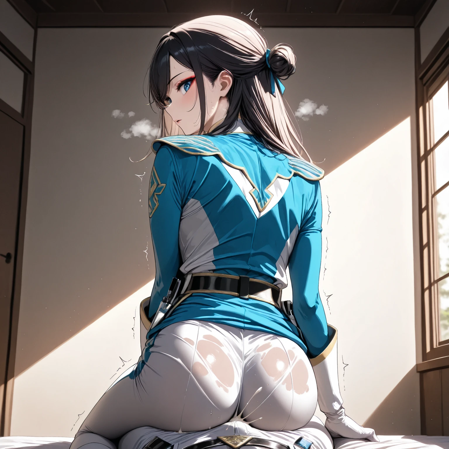 SoraBase, long hair, star hair ornament, hair ribbon, blue eyes, blue vest, sleeveless shirt, red ribbon, navel, wrist cuffs, blue skirt, blue thighhighs, thigh ribbon, waist cape,aged up,milf,,,(masterpiece),(best quality),(ultra-detailed),(best illustration),(best shadow),(absurdres),(detailed eyes),(very aesthetic),1girl,dim lightning,in bedroom,horny,in heat,,heavy breath,shiny skin,sweat,,,,torn thighhighs,Sitting on lap, penetration,1boy,back shot,looking back,vagina on show,looking at viewer,,happy,closed eyes,