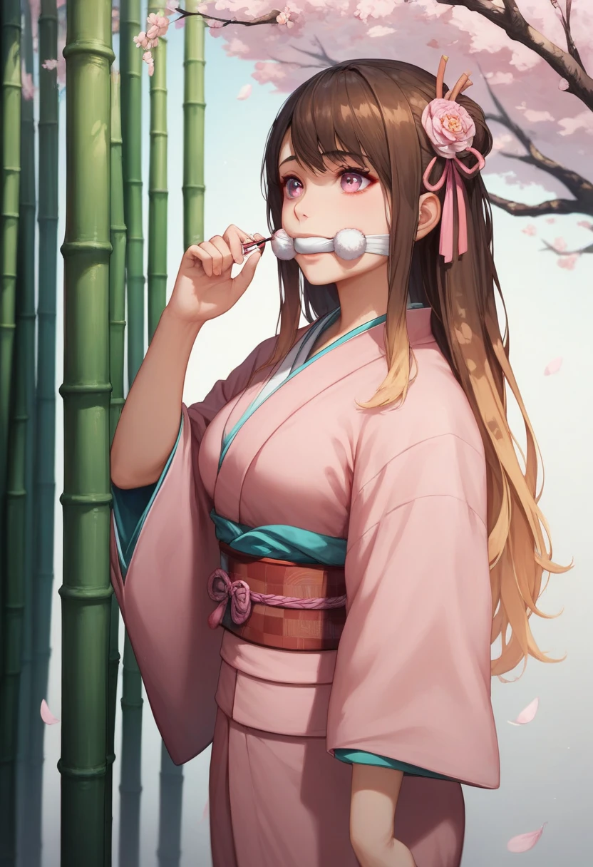  masterpiece, best quality, high resolution, Venus 1,1 Girl, alone,  LuHontsuko , bamboo, brown hair, (((Pink Ribbon)) plaid belt , gag, gag, gradient hair color,  feather ,  Japanese costume ,  kimono,  long hair, watching the audience, pink eyes, pink  kimono, Pink Ribbon, alone,