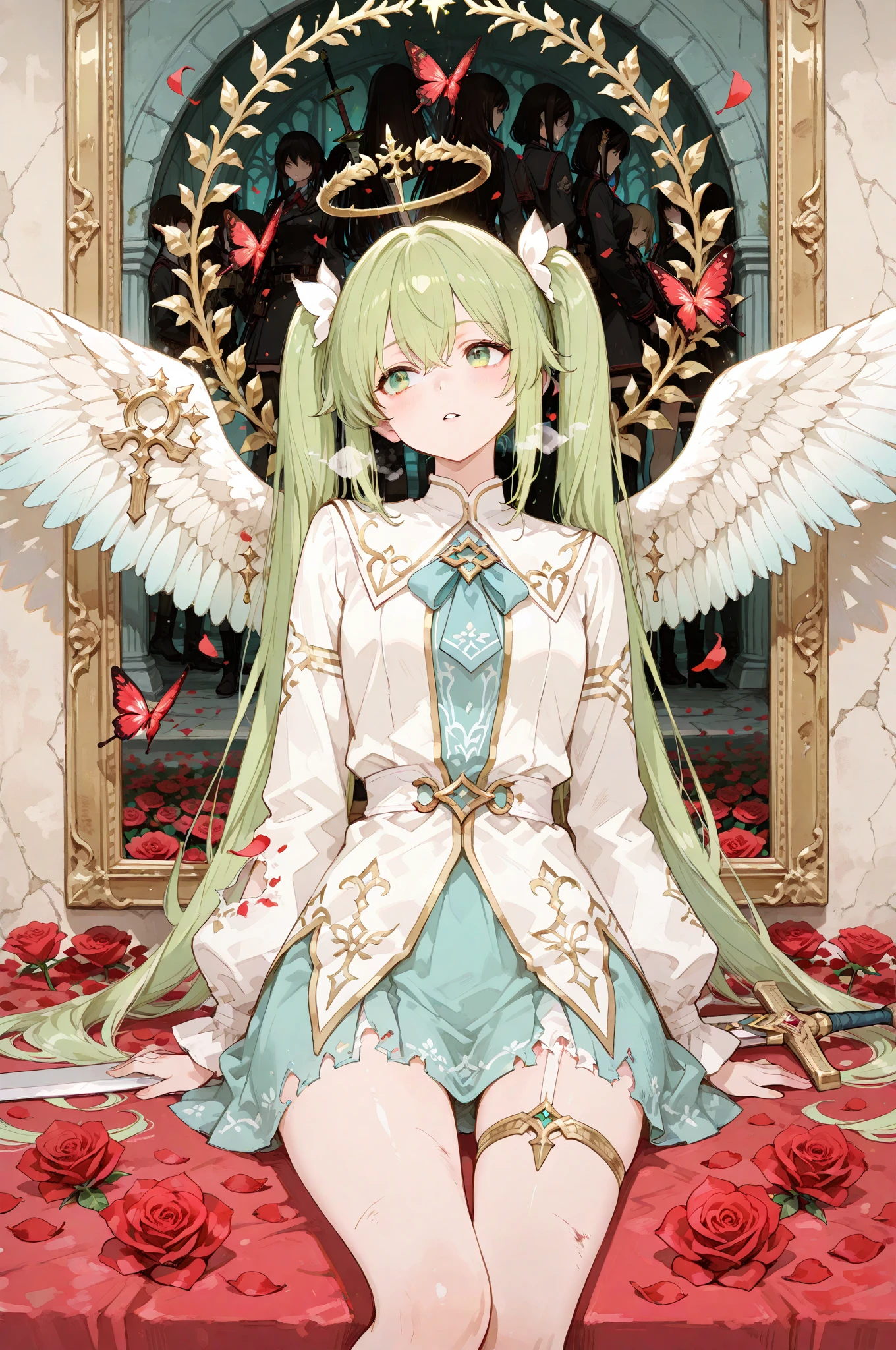 (Designed by nty:1.4),Upper body portrait of a girl,Green and red colorful, colourful, Yoshitaka Amano character setting,solo,Angelic, Symmetrical Beauty, Angel Wings, Gorgeous long skirt, stand up, (((solo))), Color matching,Clear facial features, Clean lines design, Magic Elements, future technology, ((tarot card background)), Standing figure, ((Flat color)), (masterpiece,Top quality,Best quality,Ultra-high resolution), ((Exquisite facial features,Clear facial features,beautiful eyes,Beautiful face)) ,(32k wallpaper),