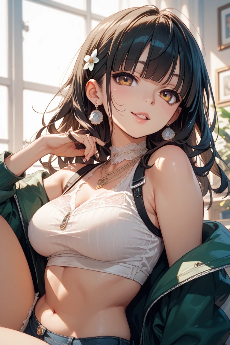 ((Photorealistic, realistic, ultra-detailed, oficial, best quality)), a woman ((beautiful, 18 years old, bulmams,bluma, big breasts, sexy girl)) , lingerie (( bra, panties, stockings 7/8, mini pleated skirt)), blushing
