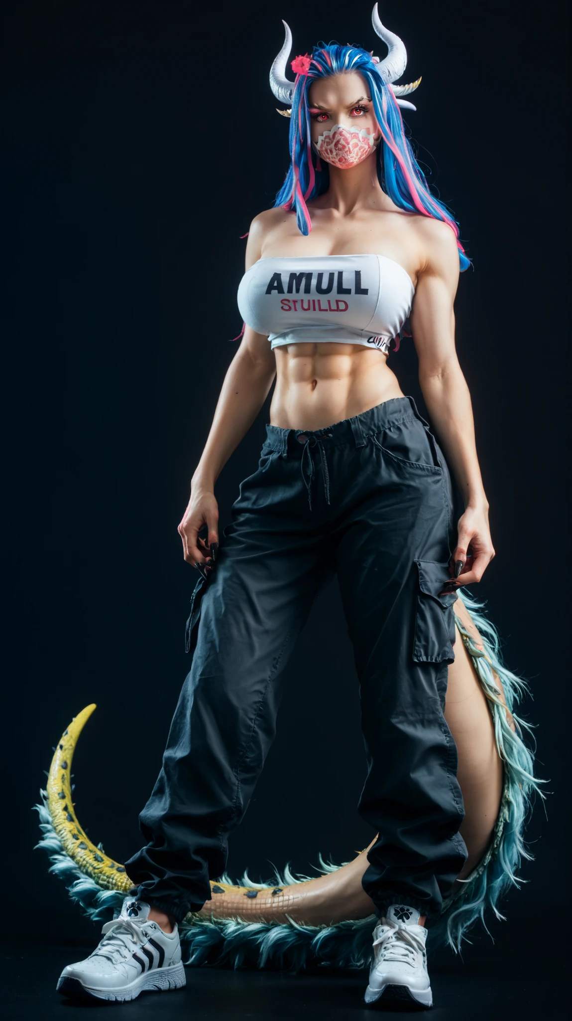 ult1, hybrid form, a girl, claws, tail, black background, claws, monster girl, plain background, large breasts, face mask, animal paws, (dark strapless crop top), (baggy black cargo pants), (white sneakers), (streetwear), white horns, blue hair, pink streaks