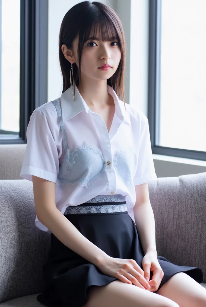 4086kbit，Attention to detail，The Truth About Skin and Skin Texture,

Age 25, 1 person, ((Beautiful female announcer, Cute mouth:1.2)),
((Gorgeous Earrings, ロングnecklace:1.2)), 

((A fitted white satin T-shirt, Hot pants in pink color, The length is short and the thighs are visible:1.5)),
((Leaning against the wall of the room, Stand up straight with your chest, Confident expression, Spread your legs a little:1.2)),
(From the feet to the whole body, Pay attention to the beautiful thighs:1.5), 

((Sexy vibe, Kissing Mouth, Poke out your lips, Cute and shy, Staring at the audience)),
((White wall, Near a tall window, The sunlight shines in, Bright room)), 

Eye focus, Narrow shoulders, Beautiful clavicle, Thin arms, Thin legs, The back of the hand is beautiful and feminine, Slim figure, Soft belly, Tight waist, Highly detailed face, super detailed breasts, Ultra-detailed skin, Fair skin, Shiny skin, Ultra-detailed lips, Fuller lips, Thick and soft lips, Glossy pink lips, Blushing, White teeth, blue eyes, Beautiful actress makeup, Dark and cute makeup, Pink lipstick, Dark brown hair, Delicate and soft hair, (Put your hair up, Fluffy short bob:1.2), (Sweep your bangs to the side:1.2), (Stylish earrings,necklace:1.2),
