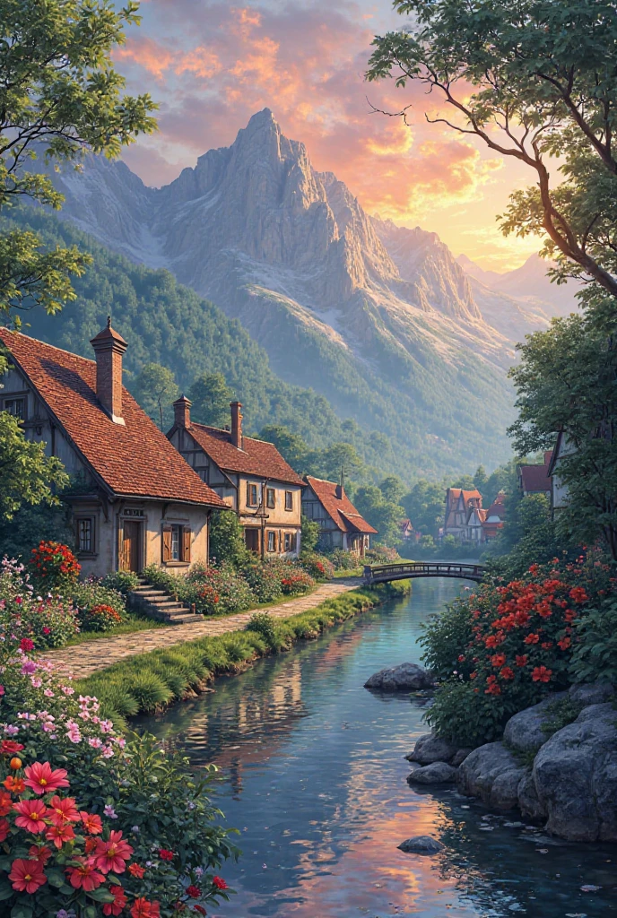 A small village by the river, color of the mountain in the background, colorful flower flowers, detailed landscape, beautiful natural scenery, atmospheric lighting, scorching sunset, warm colors, Practical, фотоPractical, detailed foliage, complex buildings, paved street, charming country house, swirl bright colors, lush vegetation, reflections on water, picturesque, idyllic, artwork, the best quality, 8k, very detailed, anime styling