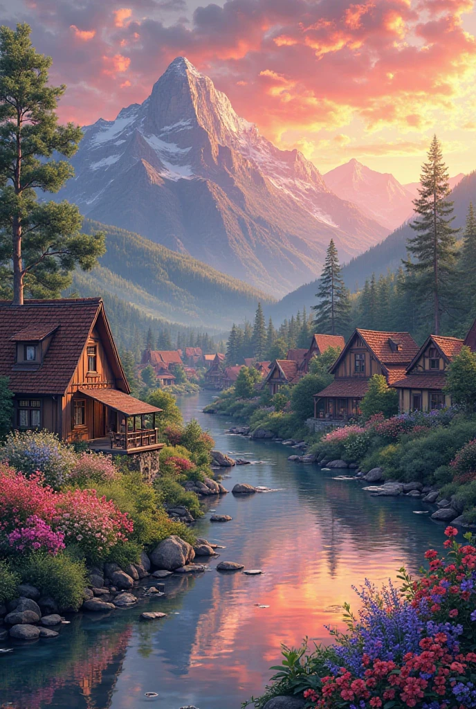 A small village by the river, color of the mountain in the background, colorful flower flowers, detailed landscape, beautiful natural scenery, atmospheric lighting, scorching sunset, warm colors, Practical, фотоPractical, detailed foliage, complex buildings, paved street, charming country house, swirl bright colors, lush vegetation, reflections on water, picturesque, idyllic, artwork, the best quality, 8k, very detailed, anime styling