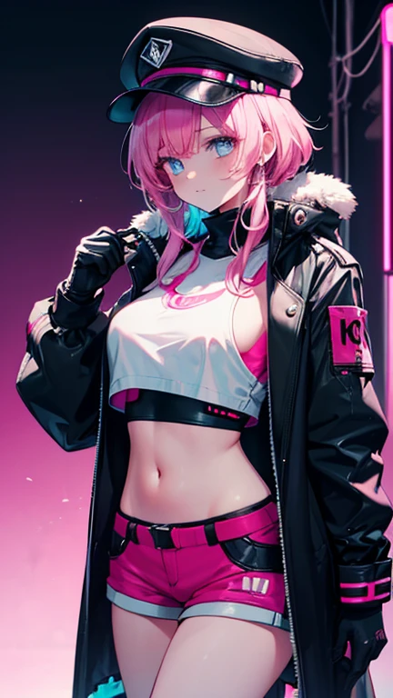 ((Masterpiece)), best quality, absurderes, ultra detailed, holographic, cowboy shot, golden ratio, leaning forward, showing cleavage, holding , super cute girl, mature girl, idol girl, super beautiful asian girl with very beautiful violet glowing eyes, beautiful glowing brown multicolored hair, high ponytail, nice and sexy body, slim body, perfect body, an anime printed super tight off shoulder long sleeve crop top, a super aesthetic transparent mini jacket, beautiful hair ornament, pink jordan tennis, being photographed in a mall shop,( undressing, showing neon pink panties, showing thong: 1.5)