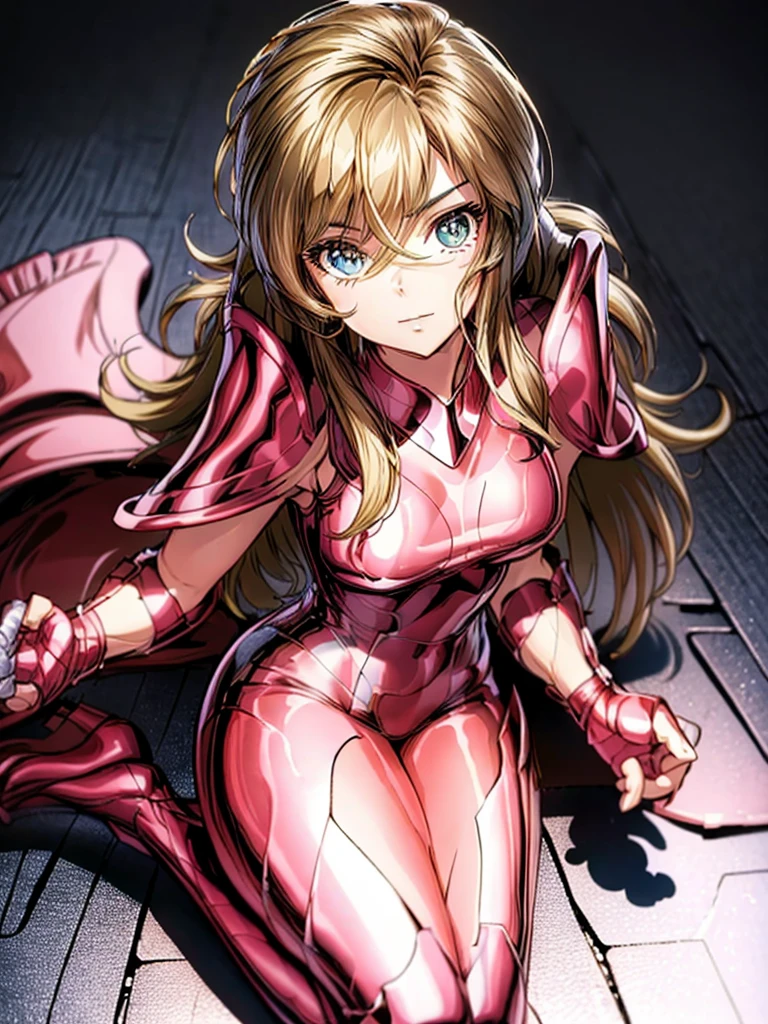 1girl,solo,Sala,original,blonde hair ,green eyes,silver bodysuit,hero bodysuit,metallic clothes,ultra-detailed,sharp focus,aesthetic,(best quality),lineartstyle