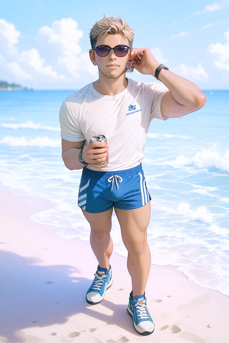 Young handsome cute white skin smooth skinny beautiful face shirtless Bringing water from an artetian well with a jug