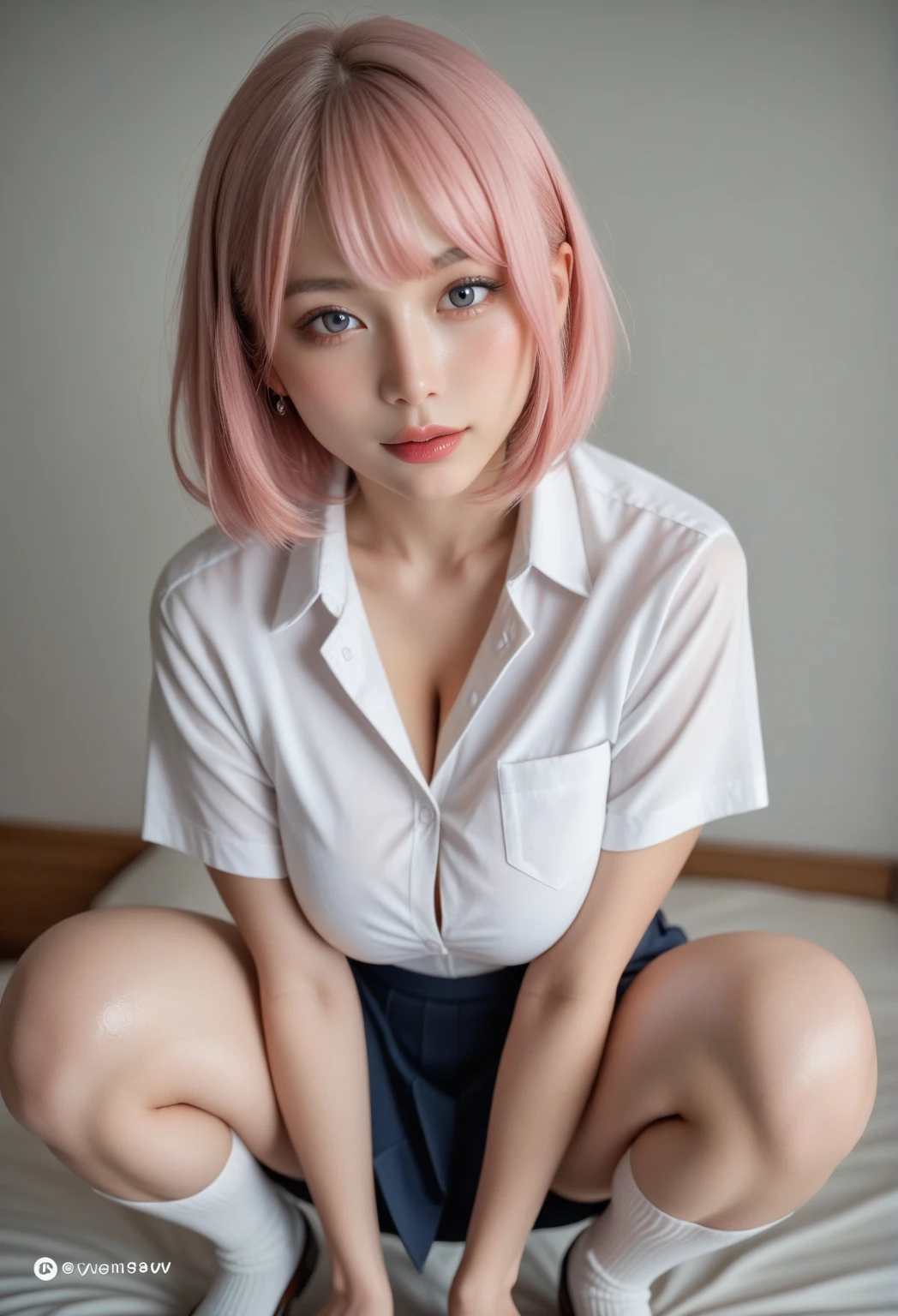 (8K, top-quality, masterpiece:1,2), (reallistic, Photorealsitic:1.37), Super Detail, One girl,), (Highly detailed), (beautifully detailed eyes), (of the highest quality), (super detailed ), (masterpiece), (Detailed face),20yr old, ,1 girl, full body, pink hair,Very short hair, medium breasts, clothed, Perfect Lighting, pussy and breast focus, looking at viewer, aroused face, naughty face, (waitress, apron, orange skirt, (white shirt:1.05), ribon, thighhighs:1.1)
