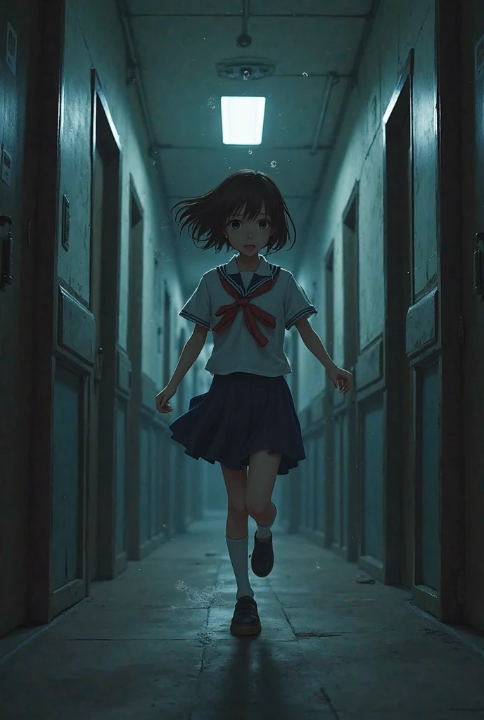 Girl with short brown hair, with Japanese-style uniform and dark blue, He hears whispers and feels panicked so he starts running through the corridors while lights flash