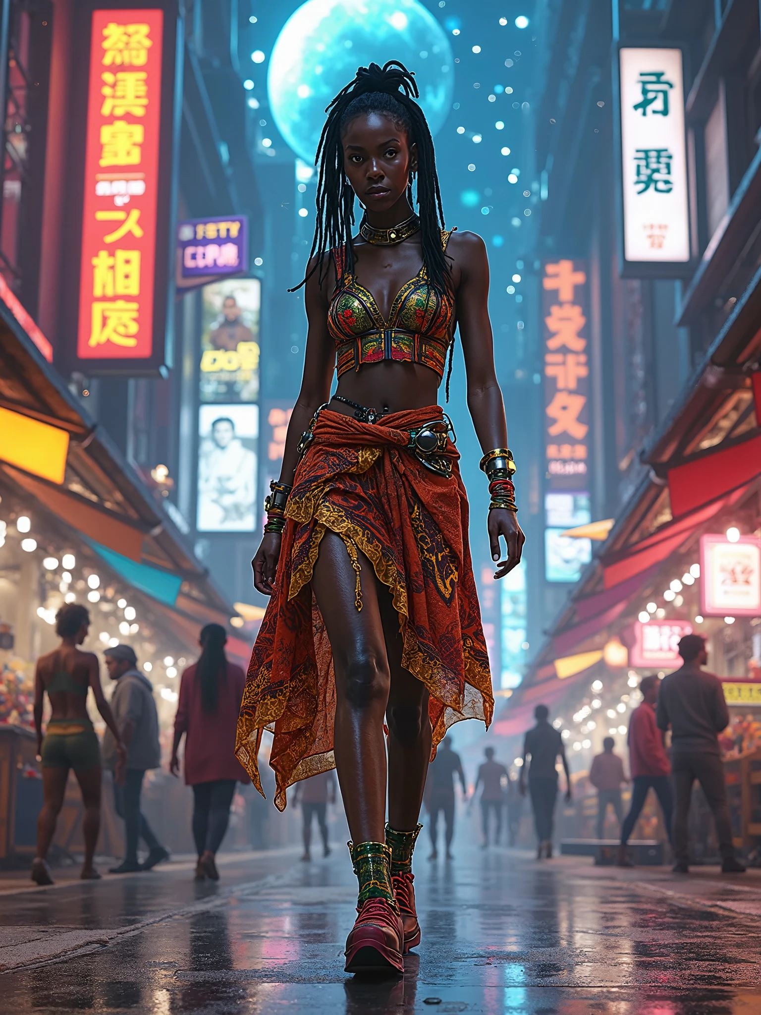 Low-angle, ultra-HD shot of a Black woman with high-tech locs wired with lights, walking confidently through a bustling cyberpunk market inside a massive orbital space station. She wears Afro-futurist streetwear glowing with shifting patterns of Kente cloth. Behind her, alien vendors and robotic shoppers interact under a ceiling of flickering neon ads. Buildings glitch between real and holographic forms, some phasing in and out. A spaceship window reveals a galactic backdrop outside. The color distortions and glitches shimmer around her as she remains steady and in-focus.