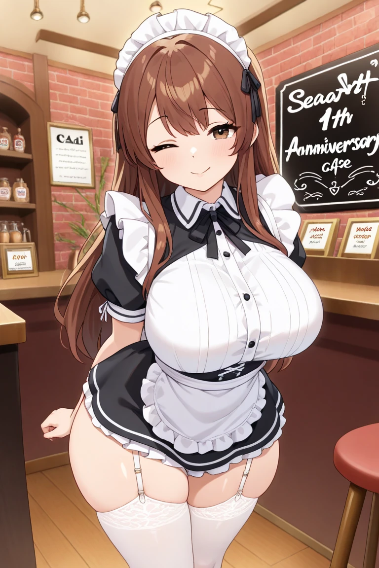 (masterpiece, best quality:1.4), illustration, 8k, hd, 1girl, solo, long_hair, brown_hair, dress, white_thighhighs, no underwear, short_sleeves, frills, apron, blue_eyes, cleavage, metal_collar, anchor_choker, maid, white maid, ((big breast, big ass, glasses, shy, blushing, everting eye contact, hands on face, open mouth)), (restaurant, maid cafe)