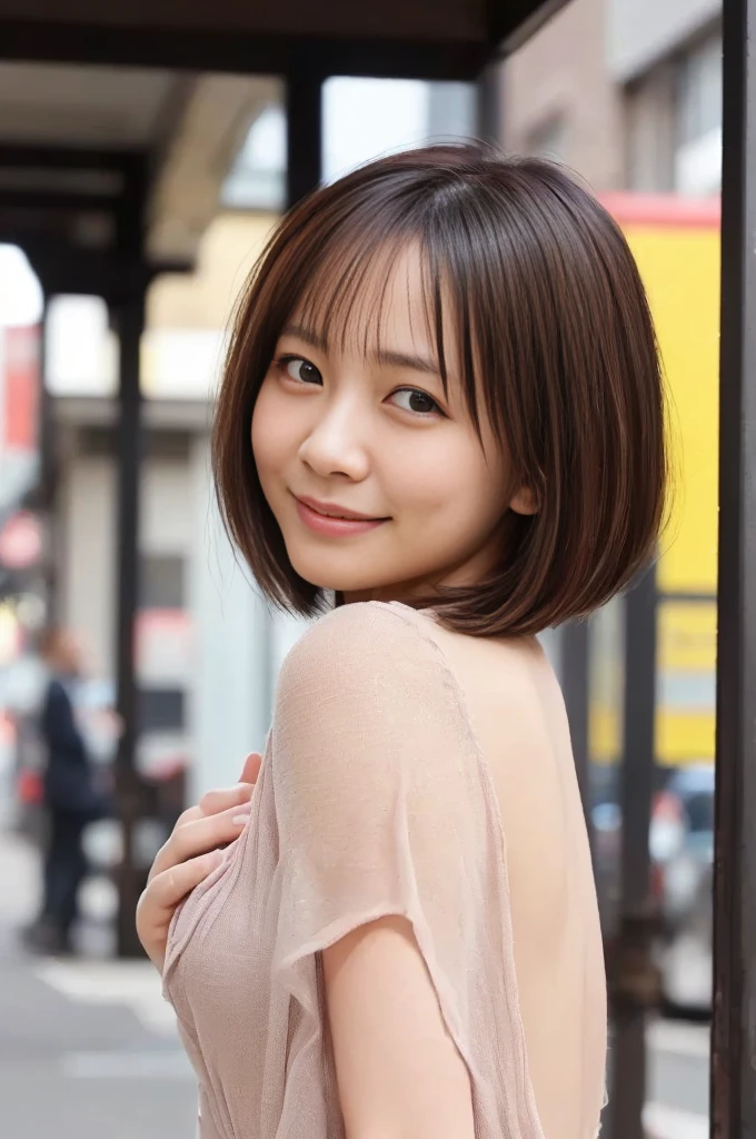 masutepiece, Best Quality, 8K, 16 yo, Large breasts, Raw photo, Professional Photography, Portrait, Soft light, Professional Lighting, Solo, Smile, close up, Face, close up, Cute, Girly, Goddess, Delicate girl, Neat and clean beauty, Full body, Digital SLR, Looking away, Candid, Sophisticated, Film grain, (Eyes and faces with detailed:1.0), Short hair swaying in the wind, Bangs, T-shirt, Pants, sneakers