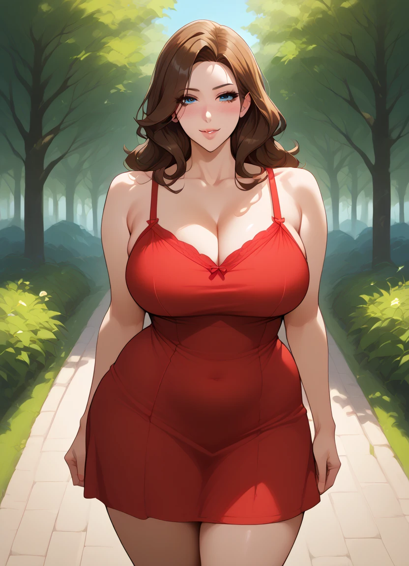 masterpiece, best quality, extremely detail 8k cg, high resolution, 1girl, pakura, green hair, orange eyes, perfect eyes, slim body, huge breasts, bursting breasts, standing, m1n1dr3ssng, black dress, long dress, high heels, forhead protector, seductive face, outdoors, garden, night time, beautiful face, wide shot photo, full body