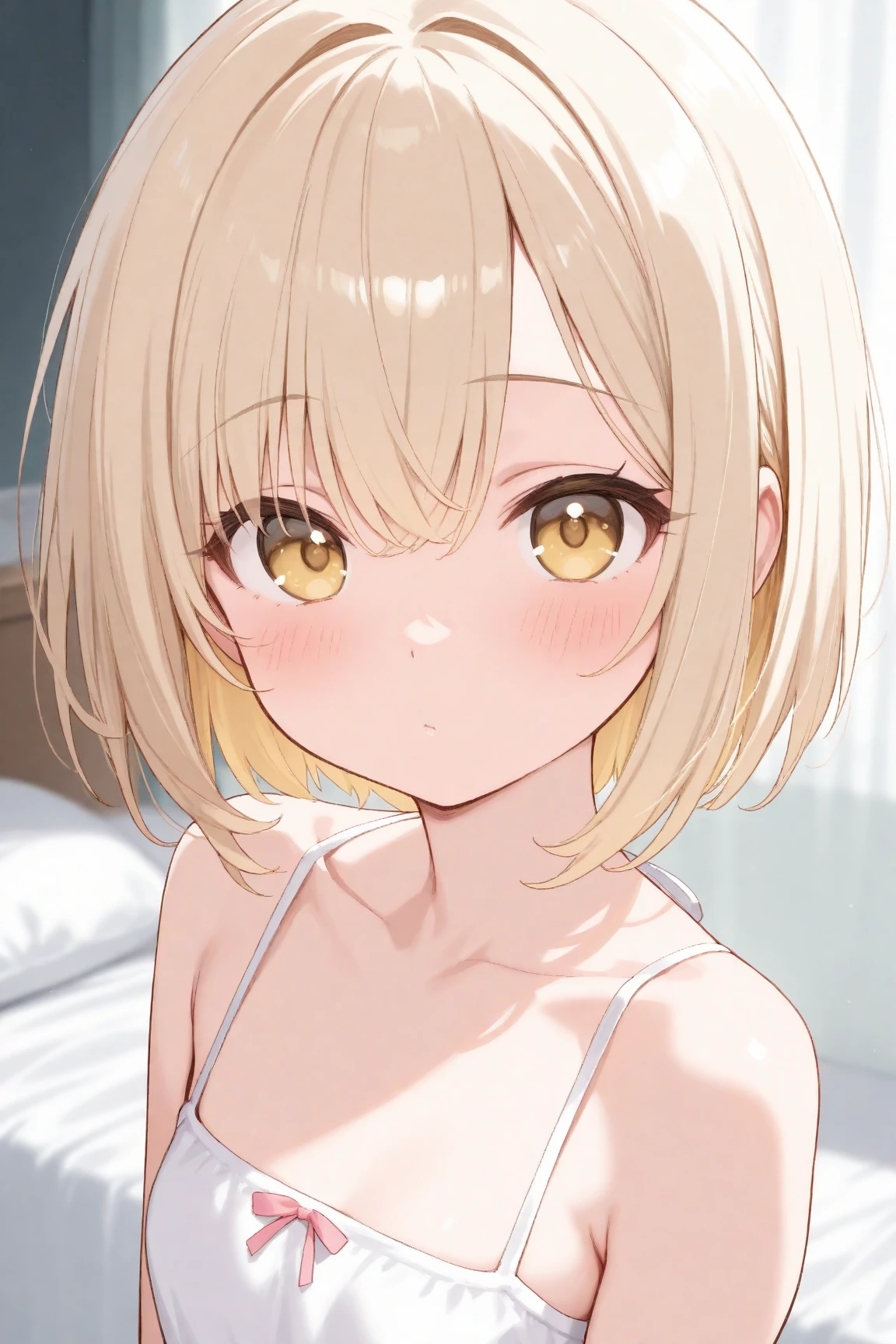 blonde, short hair, girl1, in the Living room, sofa, upper body, completely , (small nipp), (small areolas:1.2ii, cute, pale purple eyes,(shy), (blush),light smile