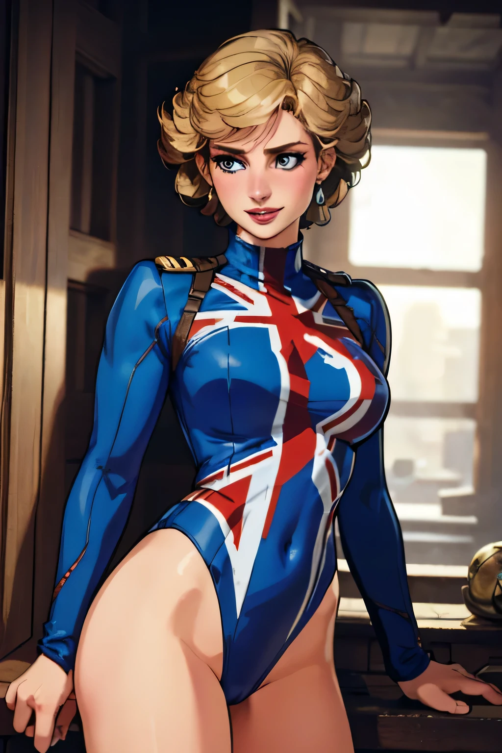 (masterpiece:1.3), (8K, Realistic, RAW Photos, Highest quality: 1.4), (One Girl), Beautiful Face, (Realistic Face), Beautiful Hairstyles, Realistic eyes, Beautiful details, (Realistic Skin), Beautiful Skin, Absurd, charm, Ultra-high resolution, Ultra-realistic, Very detailed, Golden Ratio, (Best Shadow), Cinematic, (Complex:1.4), High Contrast, Side lighting, ((Princess Diana)), ((laughing:1.0)), ((Accurate hands and fingers)), ((captain Britain)), Caucasian female, (Blonde Hair, short hair:1.3), 大きな胸, くびれたウエスト, 大きな尻, (she have UnionJack leotard), (she have UnionJack large round hield), BREAK ((cowboy shot))