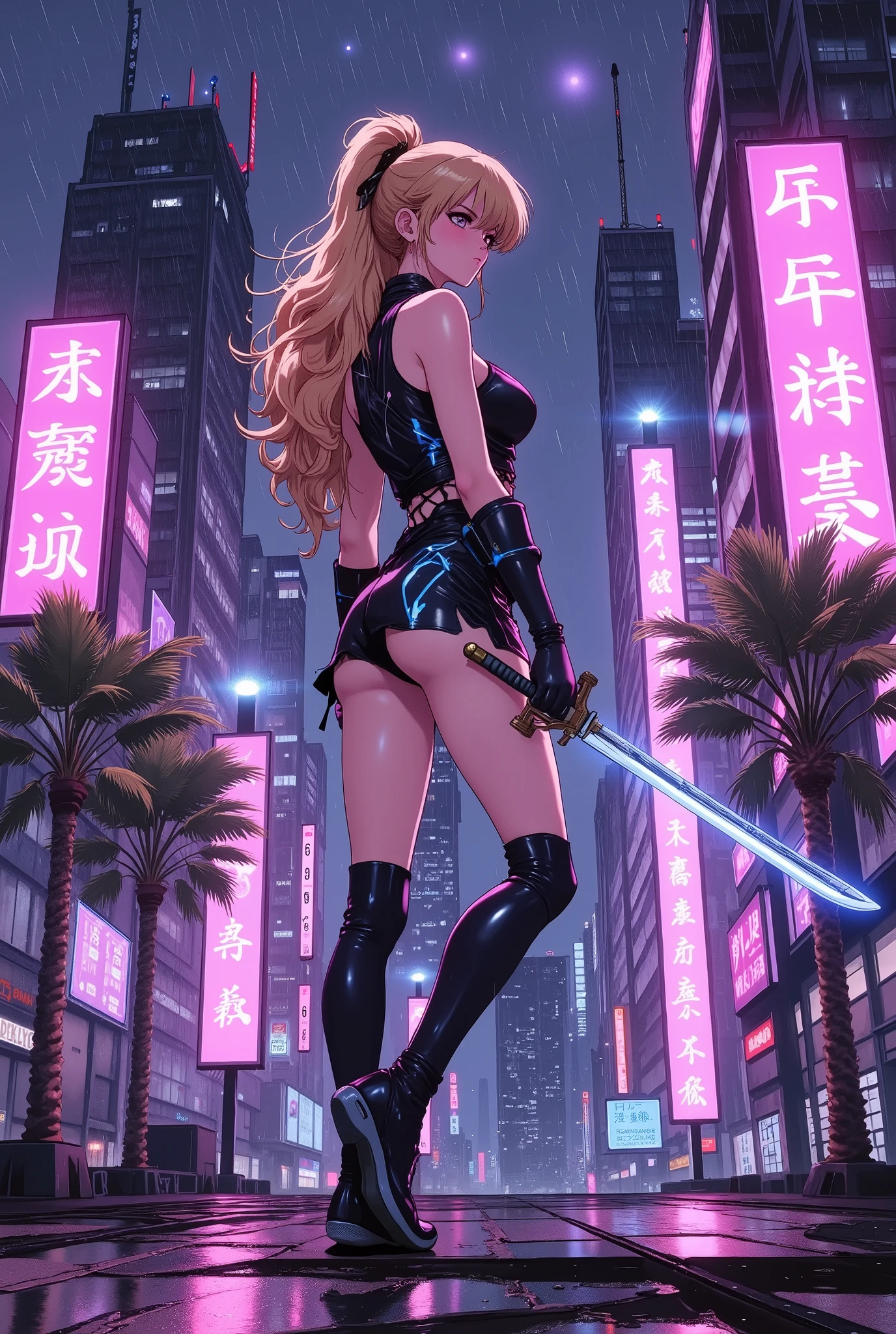 A female cyber ninja, ((cowboy shot)),She is holding a sword. Combat stance on a rooftop at night, overlooking a neon-lit cityscape inspired by 1980s retro-futurism. She wears a sleek black ninja costume with glowing blue lines, holding a katana with a digital blade. Behind her, holographic kanji signs glow in pink and purple, some mistranslated, evoking a vaporwave aesthetic. The skyline is filled with towering buildings, palm trees, and a shimmering purple sky with stars. Light rain creates reflections on the rooftop surface. Cinematic, moody, VHS-style filter, wide-angle shot.,Miniskirt, sleeveless、genryusai maki,modernretroanime.action,,Blonde hair,Profile
Anime,Slashing. Slash expression.sakuya hime,Beautiful thighs,vaporwave aesthetic
retro-futuristic Tokyo
digital katana
glitchy hologram
holographic kanji
80s anime style
cyberpunk ninja
rainy rooftop at night
film grain, CRT distortion