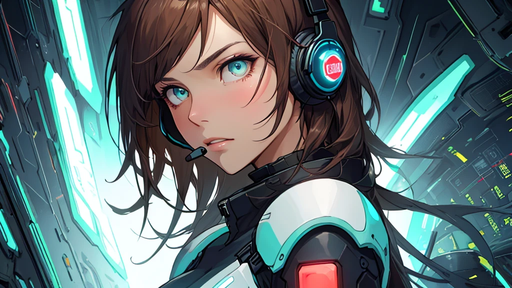 masterpiece, best quality, detailed, highly detailed, ultra detailed, extremely detailed CG, high resolution. 8K, unity 8k wallpaper, beautiful, beautiful mechanics, super detailed skin, detailed beautiful eyes, detailed beautiful face, detailed beautiful face and eyes, very detailed background, highly detailed background, elaborately designed clothes,  
BREAK painting style, anime style,  
BREAK person, 30 years old beautiful woman, reddish-brown long hair, fair skin, sharp eyes, elegant facial features, futuristic vibe, symbolic of transition, keyword: update failure,  
BREAK clothing, livestreamer outfit, techwear-inspired, modern and digital accessories, futuristic headset,  
BREAK background, digital space, abstract expression of an era's dramatic shift, glitch effects, neon lights, fragmented data streams,  
BREAK behavior, turning her back slightly as if she’s about to walk away, subtle forward motion implied,  
BREAK facial expression, calm and resolute, slightly cold eyes, detached but not angry, determined farewell expression,  
BREAK composition, girl, solo, waist-up shot, right side of the image, facing left, elegant posture, slight body tilt indicating movement,
