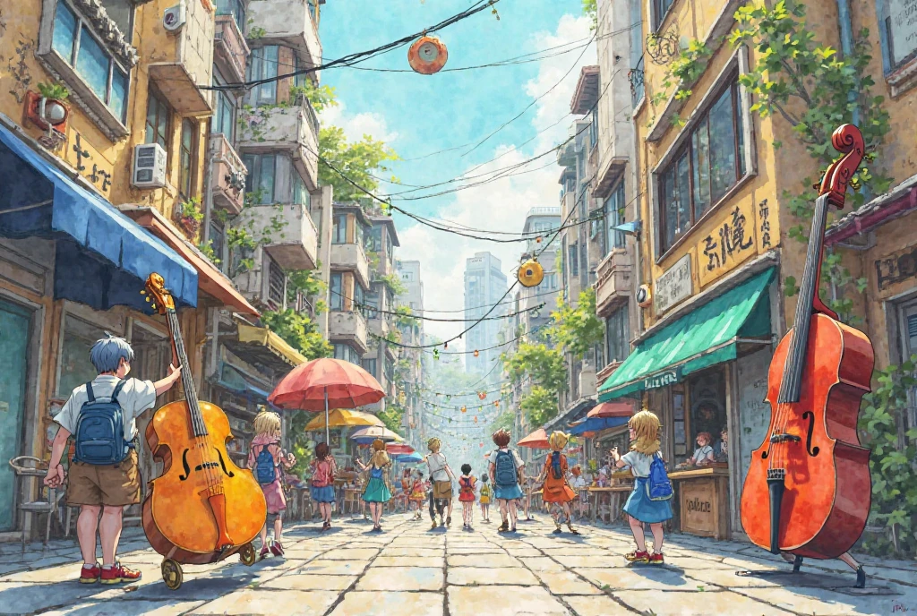 (((watercolor，anime)))　

The city of music
The city is full of music
Like a musical note々There is a musical instrument object、スピーカーがある

watercolor，anime
watercolor，anime
