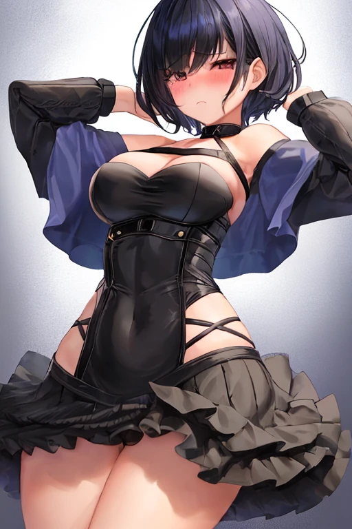 Kujou Sara|genshin impact, master-piece, bestquality, 1girls,25 years old, gigantic breasts, Wedding Dresses, White Wedding Dress, wedding,Long skirt, oversized breasts, ,bara, choker, (Graffiti:1.5), Splash with purple lightning pattern., arm behind back, against wall, Lean forward., View viewers from the front., Thigh strap, Head tilt, bored, water eyes, Show your ,