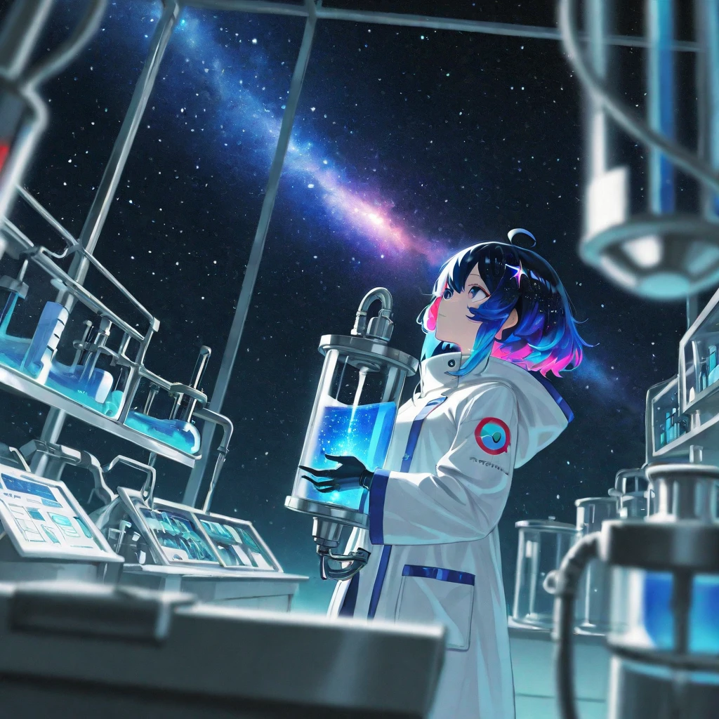 1girl, Solo，universe，starry sky，Blurry, High Resolution, Masterpiece, Best Quality, Detail, laboratory白大褂，laboratory，Multicolored Hair，Science and technology weapons