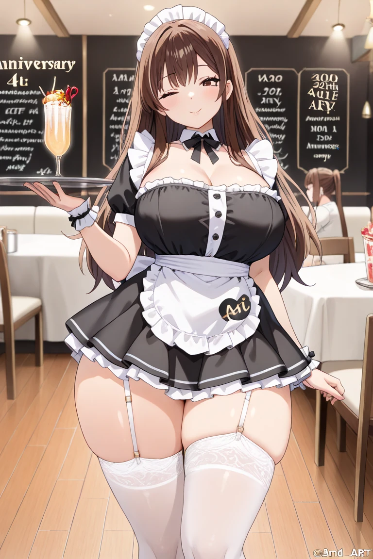 creates a 24-year-old anime girl dressed as a maid with wide hips and big breasts and brown hair and red eyes in a cafeteria landscape