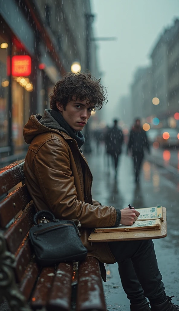 "The same cute young male artist with messy wavy hair and expressive sad eyes, sitting alone on a rainy city bench, his sketchbook bag wet from the rain, people walking past ignoring him, his vintage jacket soaked, head slightly down, emotional and heartbroken look, rainy ambiance, soft cinematic lighting, 8K ultra realistic, moody and dramatic tone"