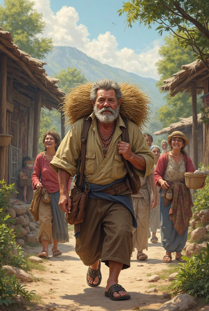 The same man helping neighbors and ren, carrying heavy loads, sharing food, and smiling with kindness, small village setting, sense of community.
