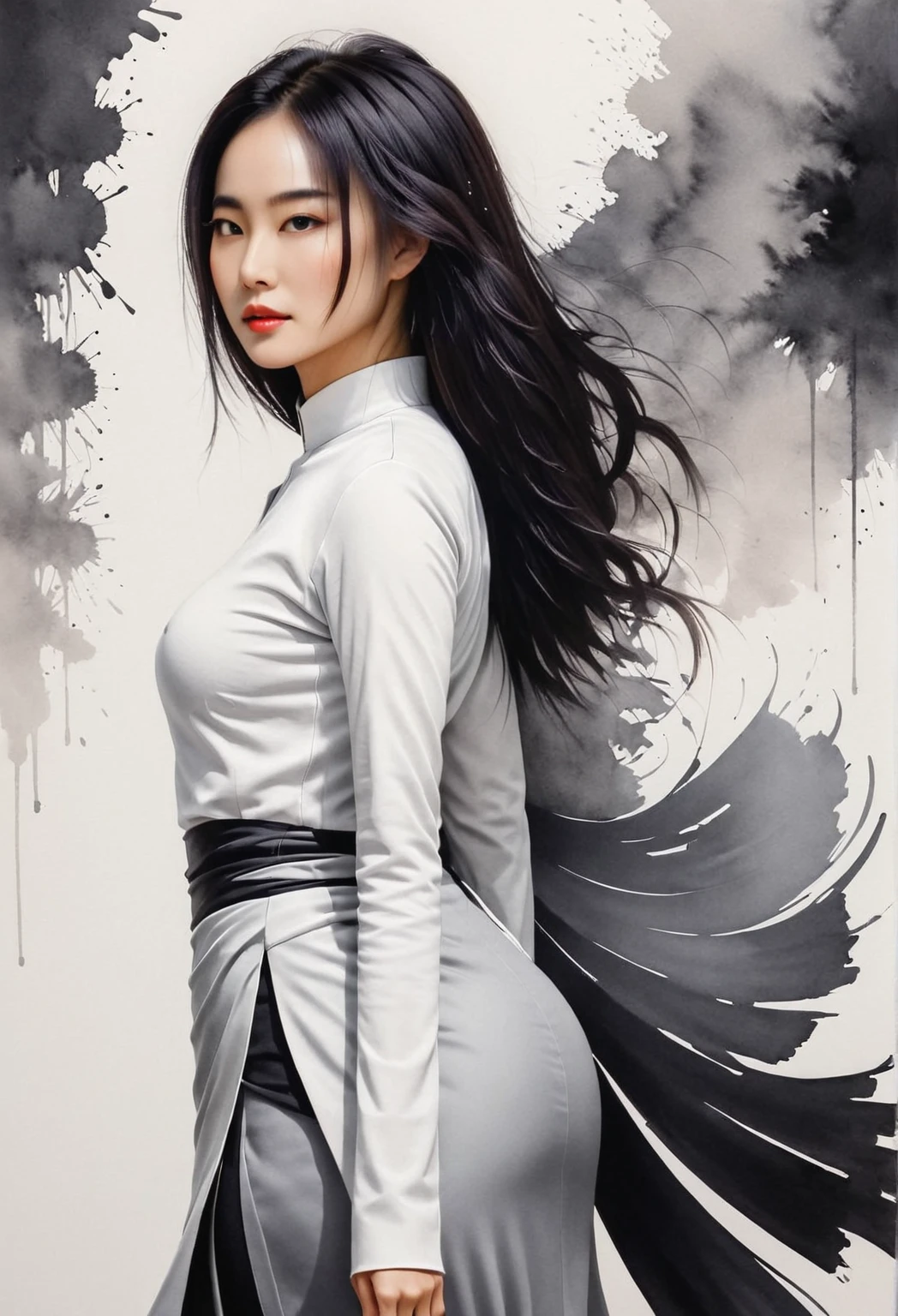 girl，black and white painting，Outlined with black ink，smooth lines，通过墨迹的浓淡对比展现girl的表情和姿态，The background is minimalist，Emphasis on light, shadow and space，Lots of white space，Use thick and light inks to create light and dark changes and layers，Choose the right ink color，Such as deep black、Thick gray、Light coffee, ETC，express different situations and atmospheres，Control the gradient and transition of ink color through the humidity and consistency of the ink，black and white tones， 中国传统ink painting, Chinese traditional art, ink painting, 中国ink painting, Chinese painting style