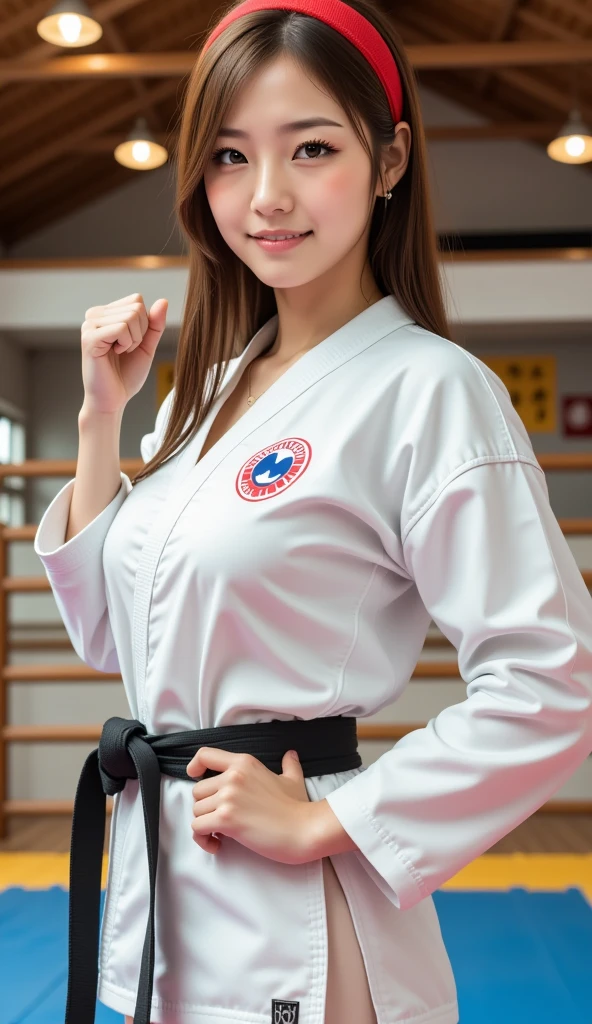 (​masterpiece:1.3), (8K, hight resolution, a picture, Top image quality: 1.4), (1girl in), Whole body, (White Karate Uniform:1.4) , bare-legged, ligh brown hair, waved hair, attractive beautiful face, (A smile: 1.15), 17 age, Attractive body with soft curvaceous beauty, Beautiful thin legs, Bold sexy poses, perfect anatomia, TOKYOcty