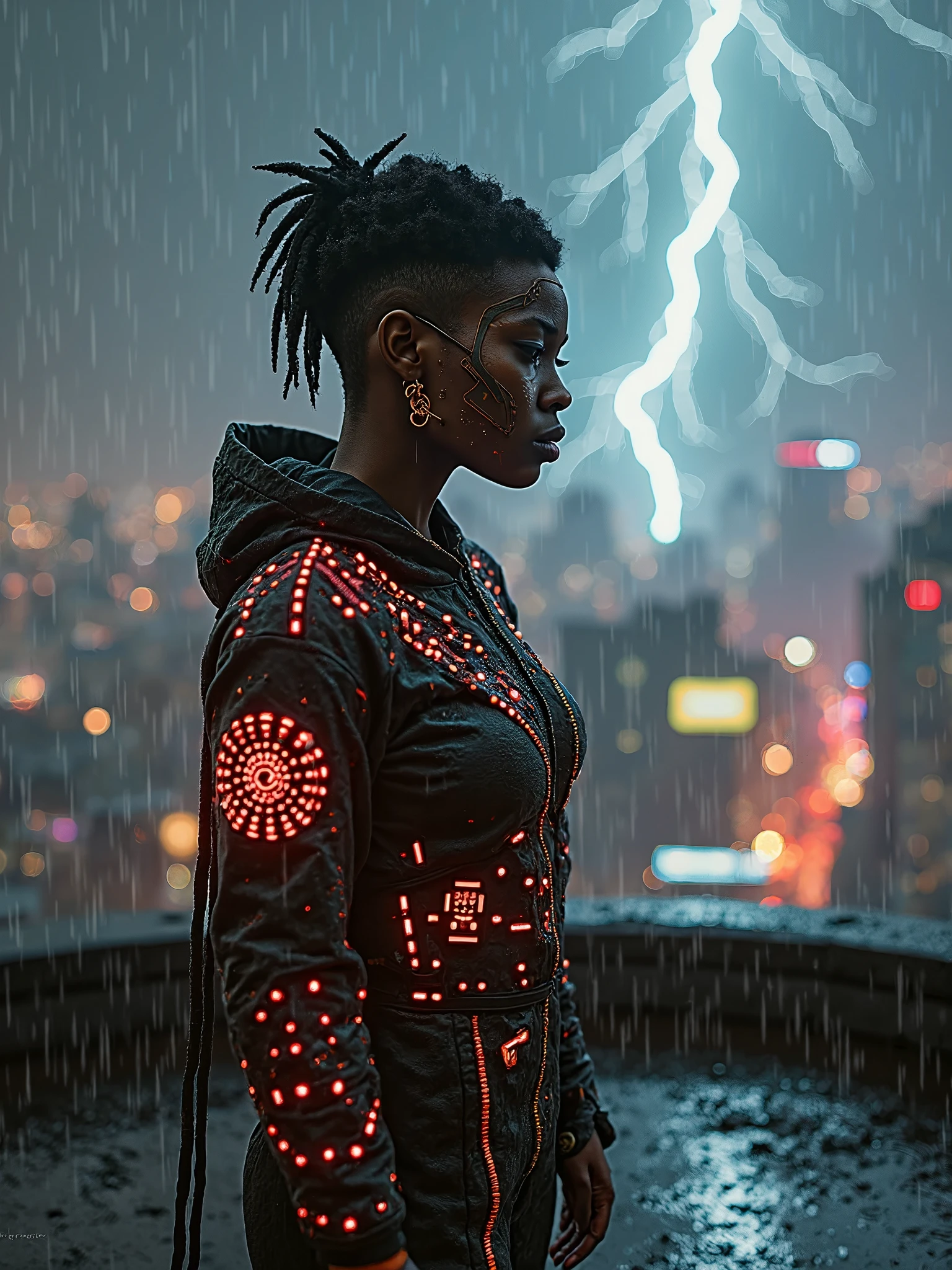 A dramatic cyberpunk scene on a high rooftop during a storm at night. A Black woman with a short mohawk and half her face replaced by sleek cybernetics faces off against a gang of mercenaries in the rain. Her African-designed battle jacket glows faintly with red and gold neon patterns. Rain hits her skin and sizzles as it hits her heat shield. The city below flickers between monochrome and full-color as the glitch spreads. Lightning flashes overhead. Shot in ultra-HD with high contrast and a moody, cinematic tone.