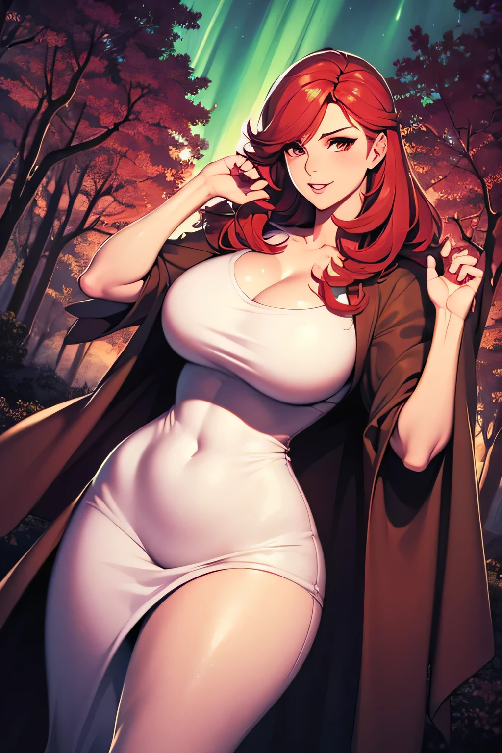 sorceress. sexy white robe, black panties, red hair, blank background