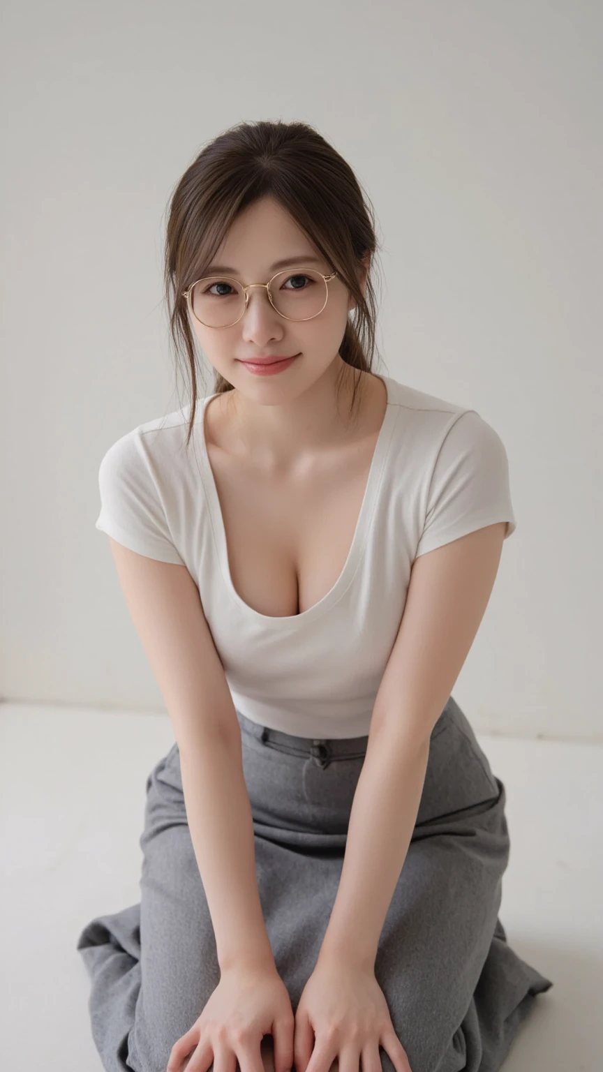 ((High resolution, High resolution, Attention to detail, masterpiece)), Rough skin, Anatomically correct, sharp, White Background ((Japanese Mature, 30 years old)), alone, Shapely large breasts, Straight black hair that reaches to the shoulders, Chubby body type, (((Stand upright, from the front)),T-Shirts, panties,On all fours、very small nipples、Wearing glasses