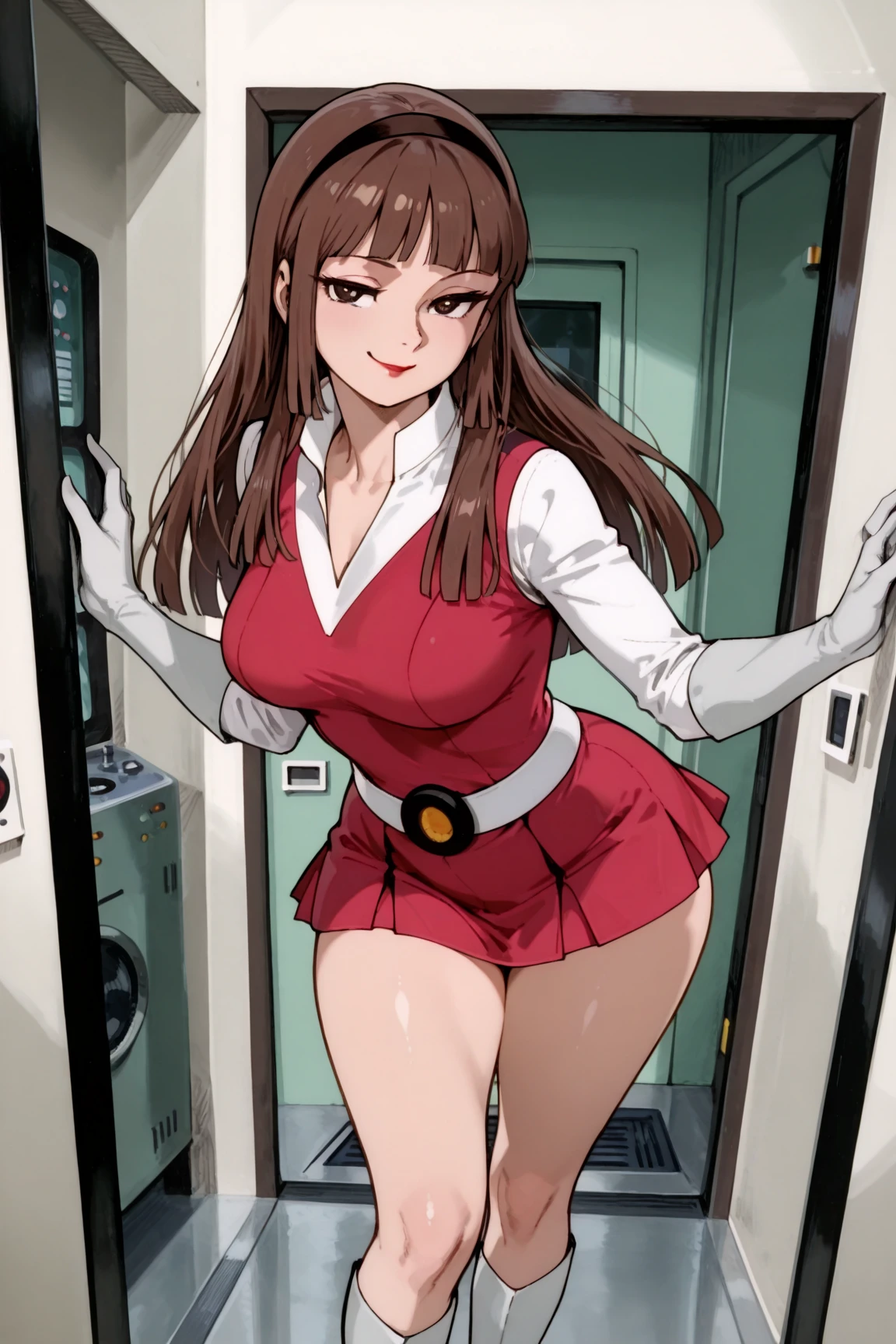 A Female robot is sleeping in the book, spread legs, nude, banzai pose. she wears no dress. She Brown short hair is tied with two big red clothespins, She lifts up the under hem of her white plain dress, leaning over, masterpiece, very short pigtails,brown hair, mature, android, blue eyes, full body figure, Height: 160cm, flushed cheeks, 2020s anime picture, A beautiful robot with short brown hair in two short pigtails held up by two very large huge red clothespins, Uplifting, No NSFW, whole body, barefoot, archaic smile, getting orgasm, 25 years old, sweat bucket.