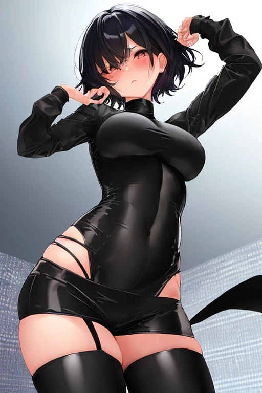 young girl, short black and white hair, golden eyes, smirk, big breastes, Goth's clothes, open breasts, open belly, Sleeveless, short skirt, stocklings, Masterpiece, hiquality, 4k, HD, Good detail