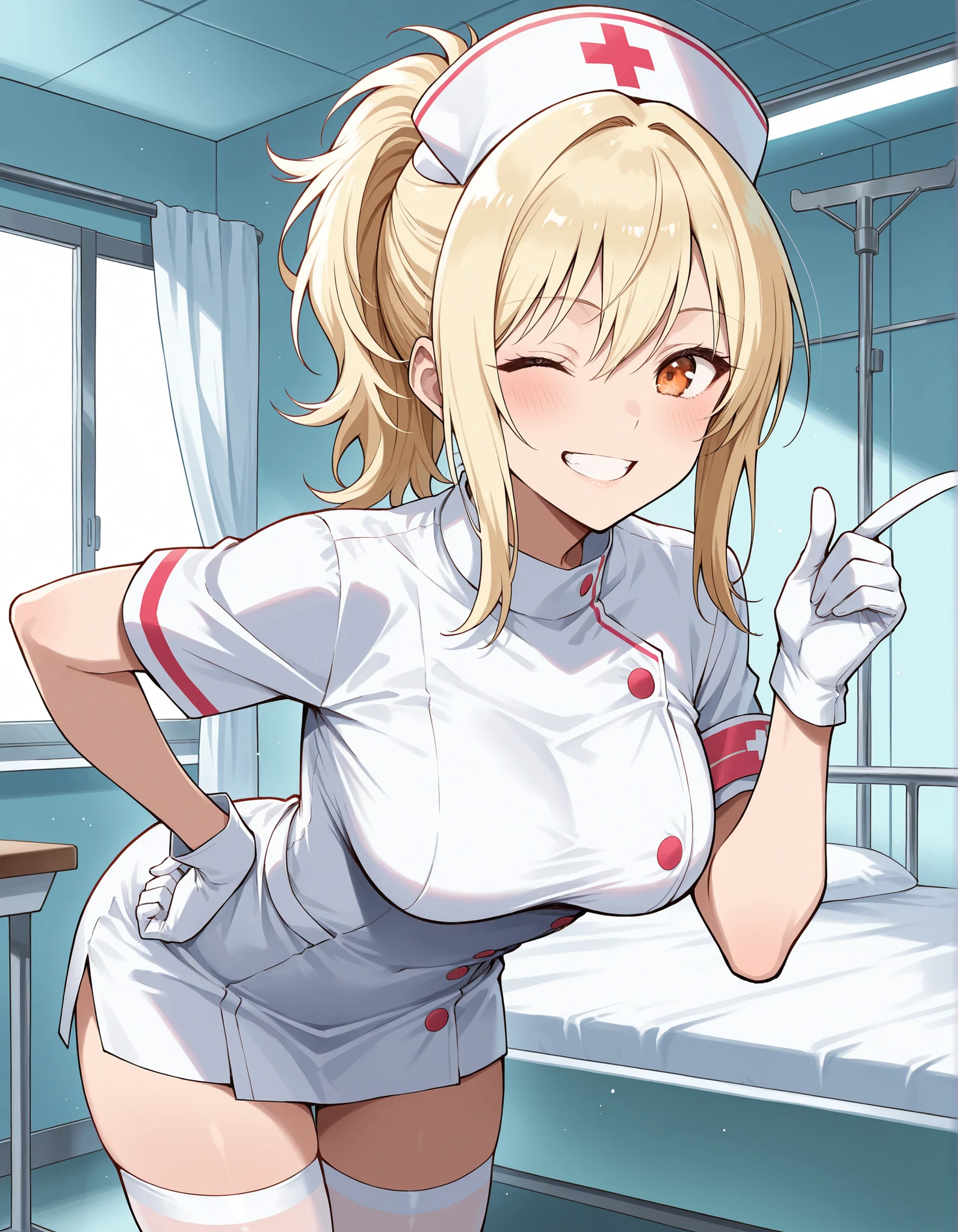Score_9, score_8_up, score_7_up, source_anime, miyashita ai, soio, blonde hair, ponytail, sidelocks, orange eyes, (best quality), (high quality), {masterpiece}, extremely delicate and beautiful, ultra-detailed, beautiful detailed eyes, nurse, nurse hat, ((white nurse's outfit)), white gloves, white thighhighs, hospital room, smile, teeth, one eye closed, leaning forward