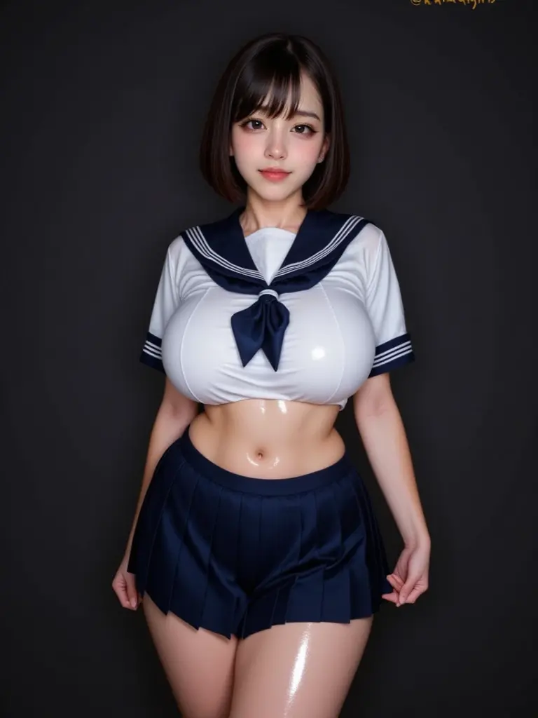 1girl, (solo), (selfie), seductive smile:1.3, (), (big breast:1.5), ((beautiful anime eyes with fine detail)), realistic skin, sailor suit, (Navy blue pleated miniskirt), beauty of slender female legs, thigh-high socks,
