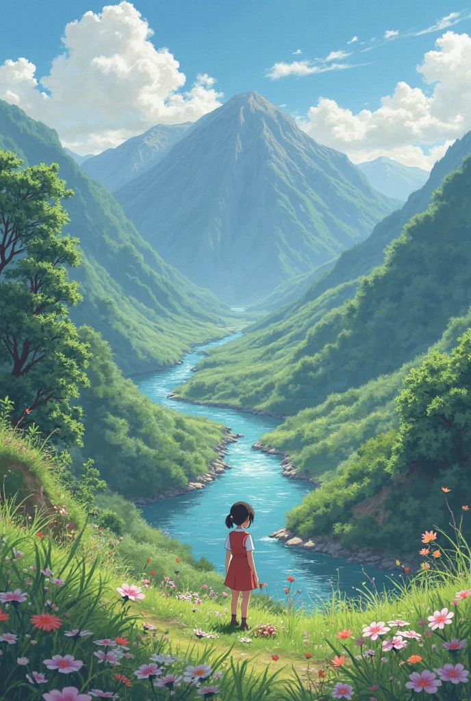 Chihiro from El Viaje de Chihiro with his original style that is not remarkable and laia and has a beautiful landscape
