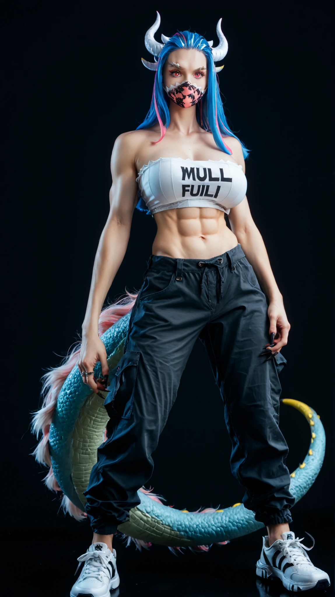 ult1, hybrid form, a girl, claws, tail, black background, claws, monster girl, plain background, large breasts, face mask, animal paws, (dark strapless crop top), (baggy black cargo pants), (white sneakers), (streetwear), white horns, blue hair, pink streaks